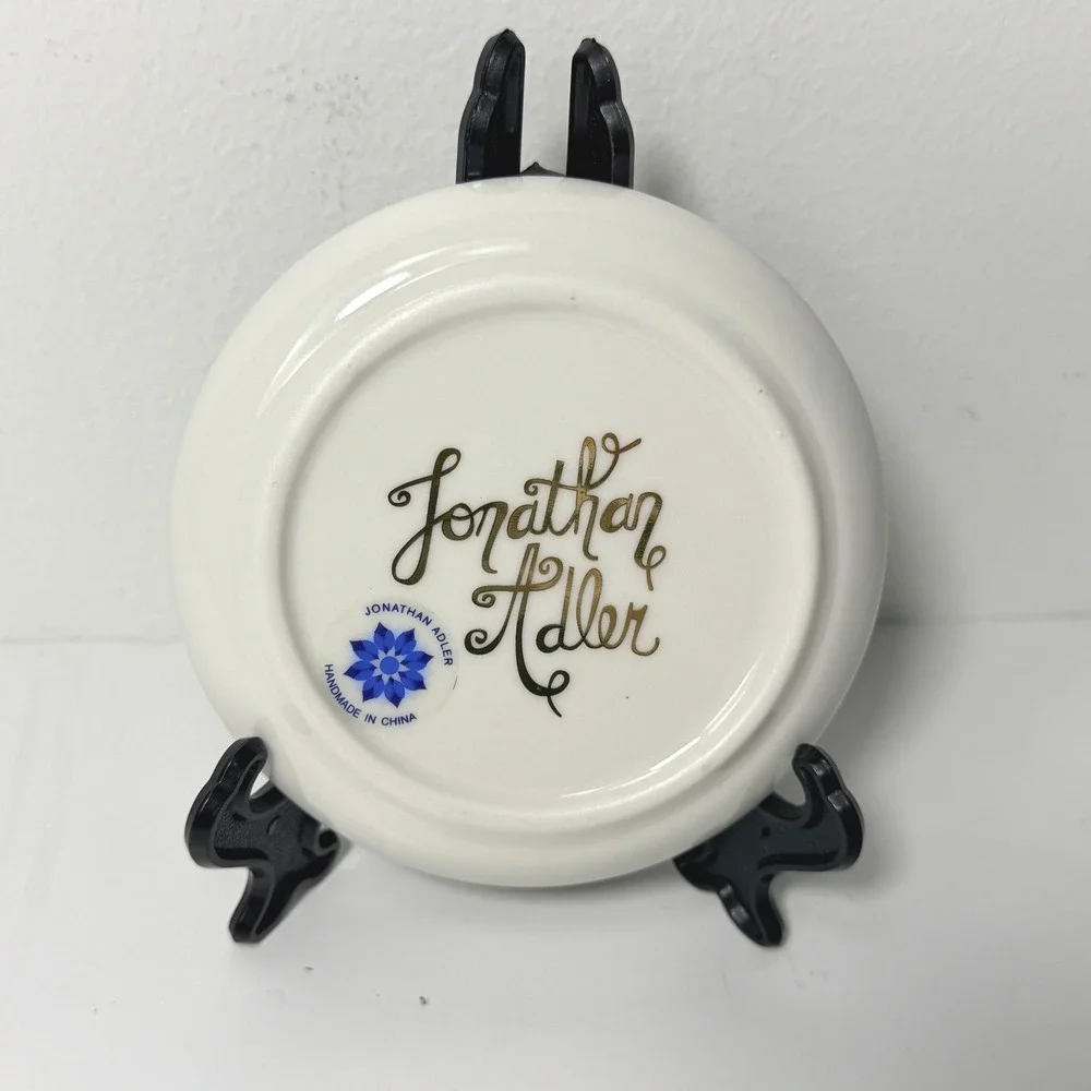 Jonathan Adler Santorini Mykonos Teal Gold Round Porcelain Trinket Dish 4.75